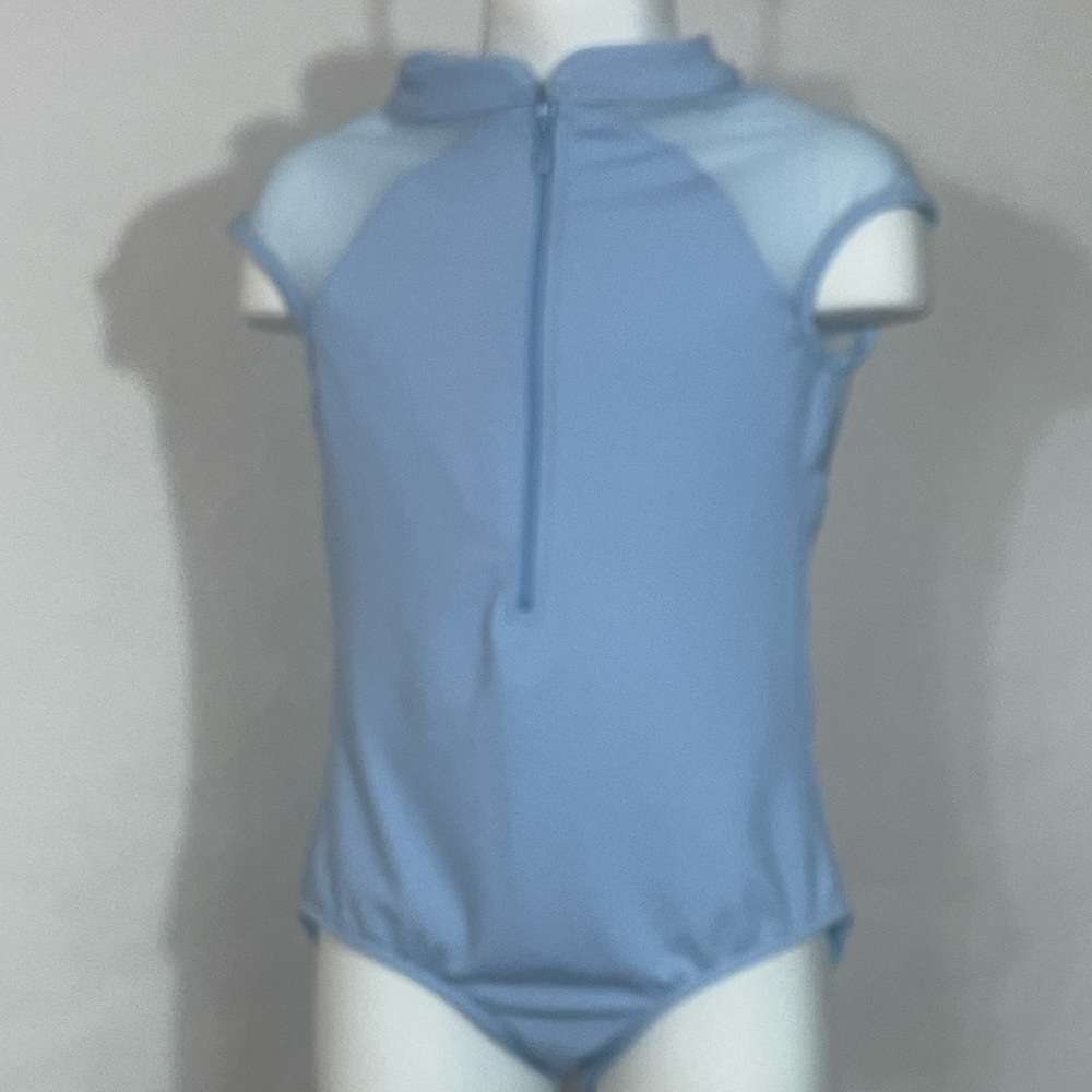 Bloch girls' leotard pastel blue 8-10 zip front cap sleeve sheer embroidery back